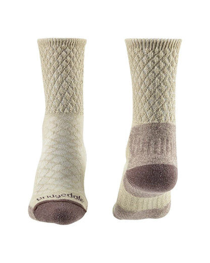 Front and back Sand coloured Bridgedale Womens Lightweight Merino Comfort Boot Socks on a white background 