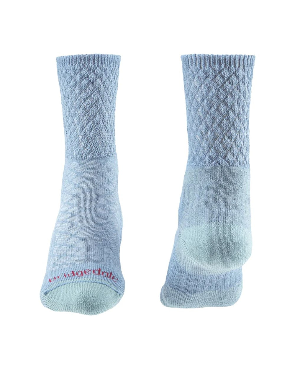 Front and back Powder Blue coloured Bridgedale Womens Lightweight Merino Comfort Boot Socks on a white background 