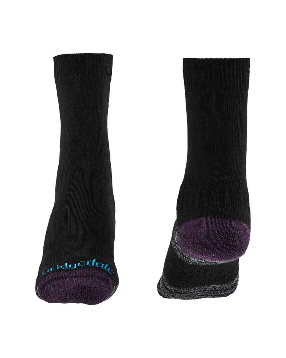 Front and back of Black/Purple coloured Bridgedale Womens Lightweight Merino Performance Socks on white background 