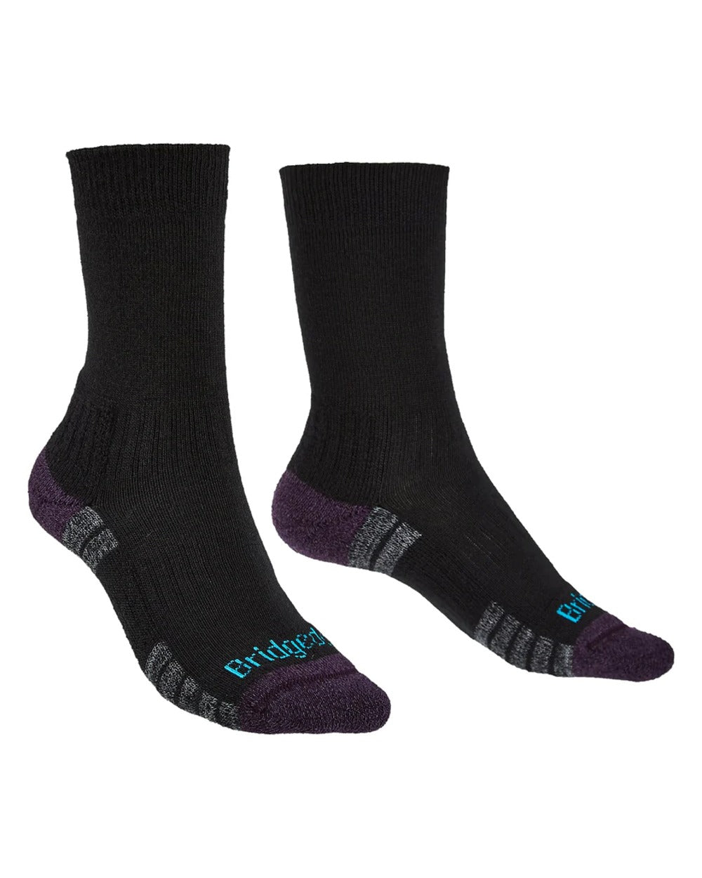 Front of Black/Purple coloured Bridgedale Womens Lightweight Merino Performance Socks on white background 