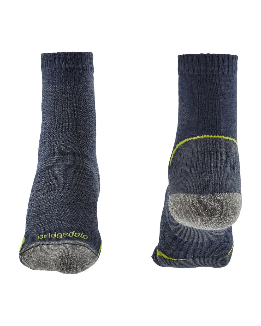 Front and back of Denim coloured Bridgedale Womens Ultra Light Merino Performance Socks on a white background 