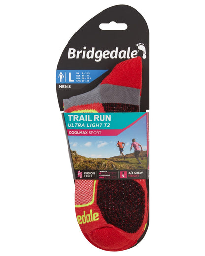 Red coloured Bridgedale Mens Trail Run Ultralight T2 Coolmax Sport Socks on white background 
