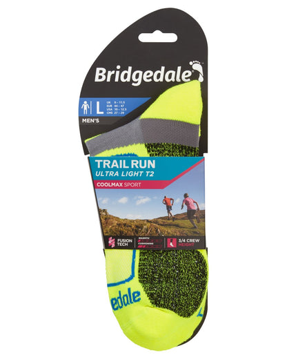 Yellow coloured Bridgedale Mens Trail Run Ultralight T2 Coolmax Sport Socks on white background 