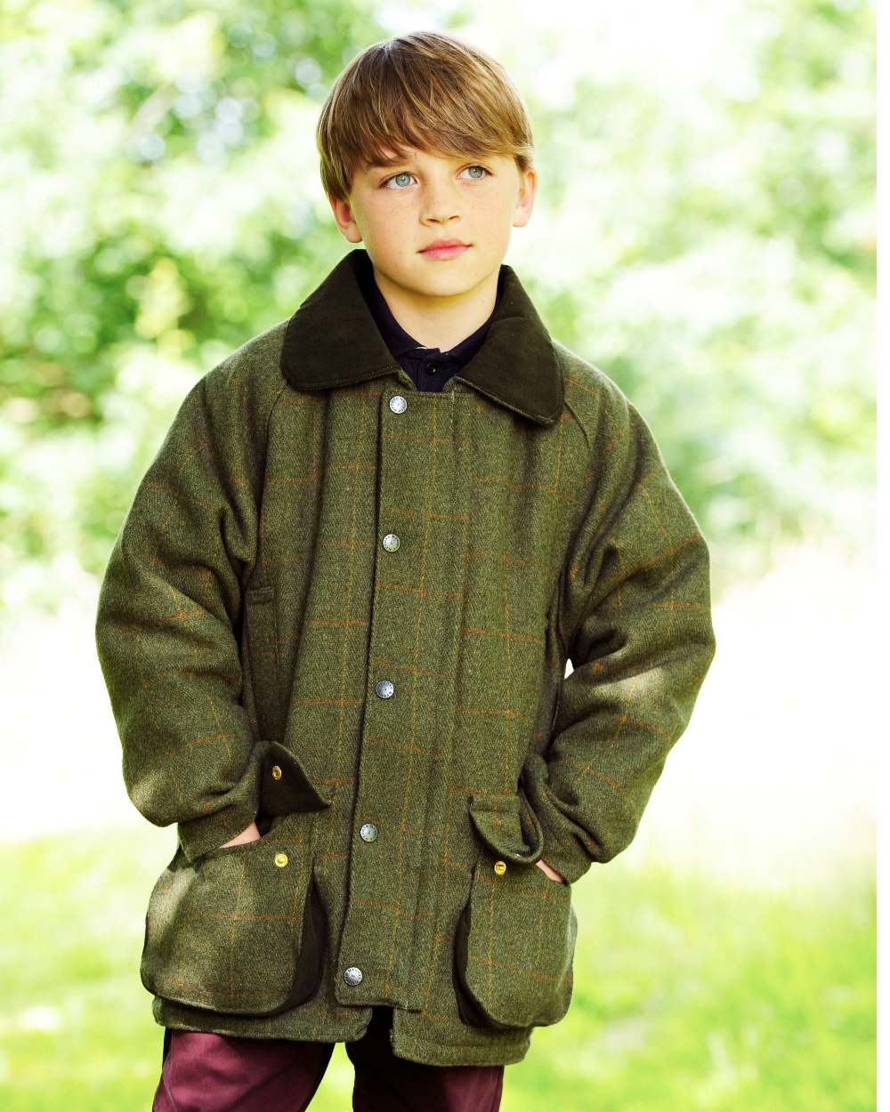 Dark Tweed With Check coloured Bronte Childrens Tweed Shooting Jacket on white background 