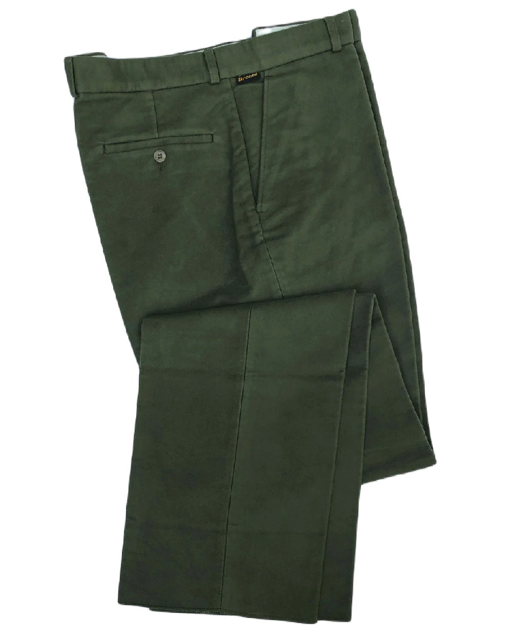 Olive coloured Bronte Moleskin Trousers on white background 