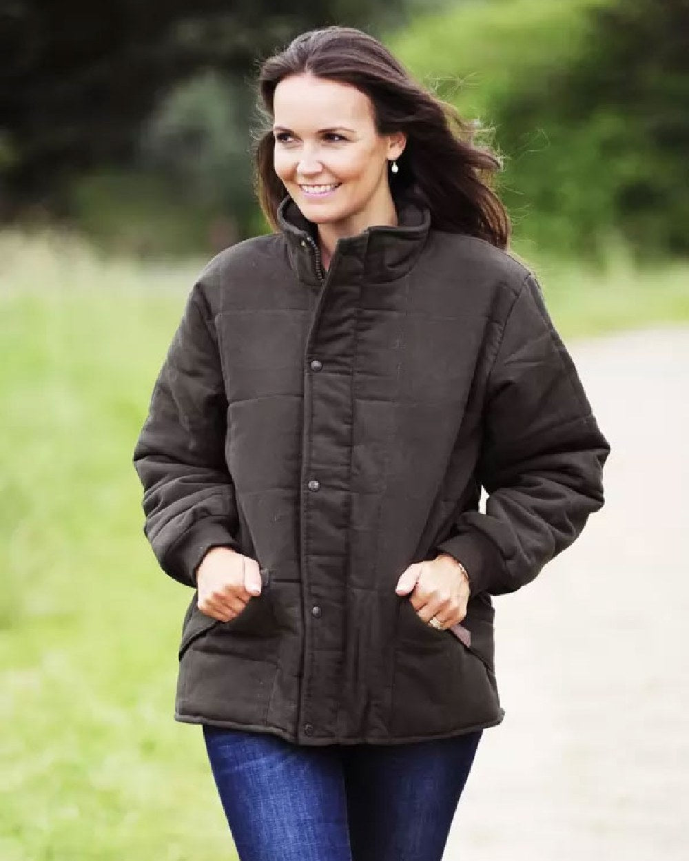 Green coloured Bronte Quilted Moleskin Jacket on white background 