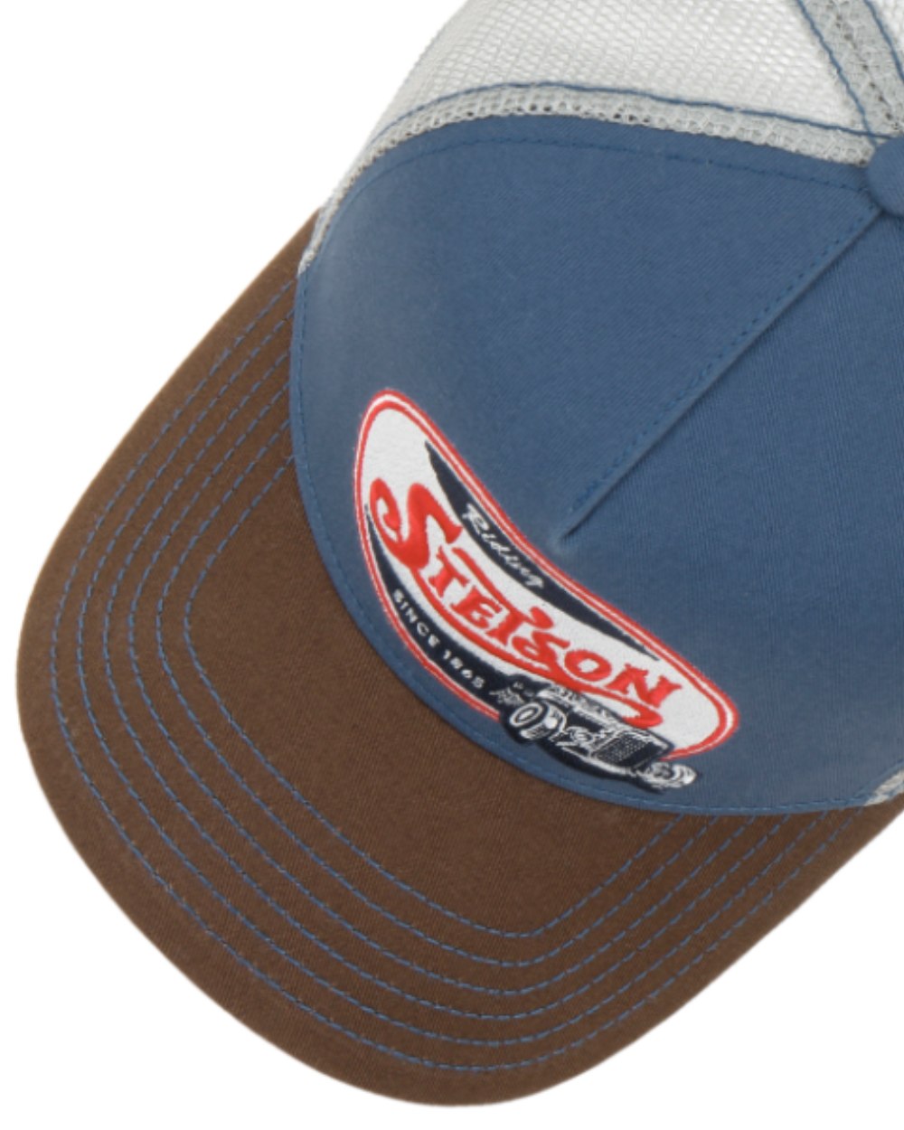 Brown/Denim coloured Stetson Riding Hot Rod Trucker Cap on White background 