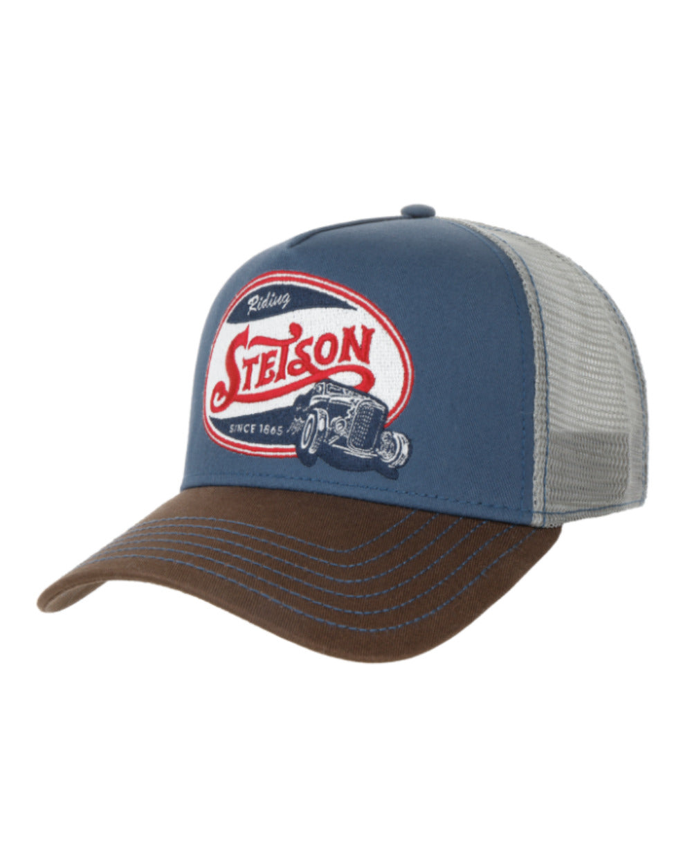 Brown/Denim coloured Stetson Riding Hot Rod Trucker Cap on White background 