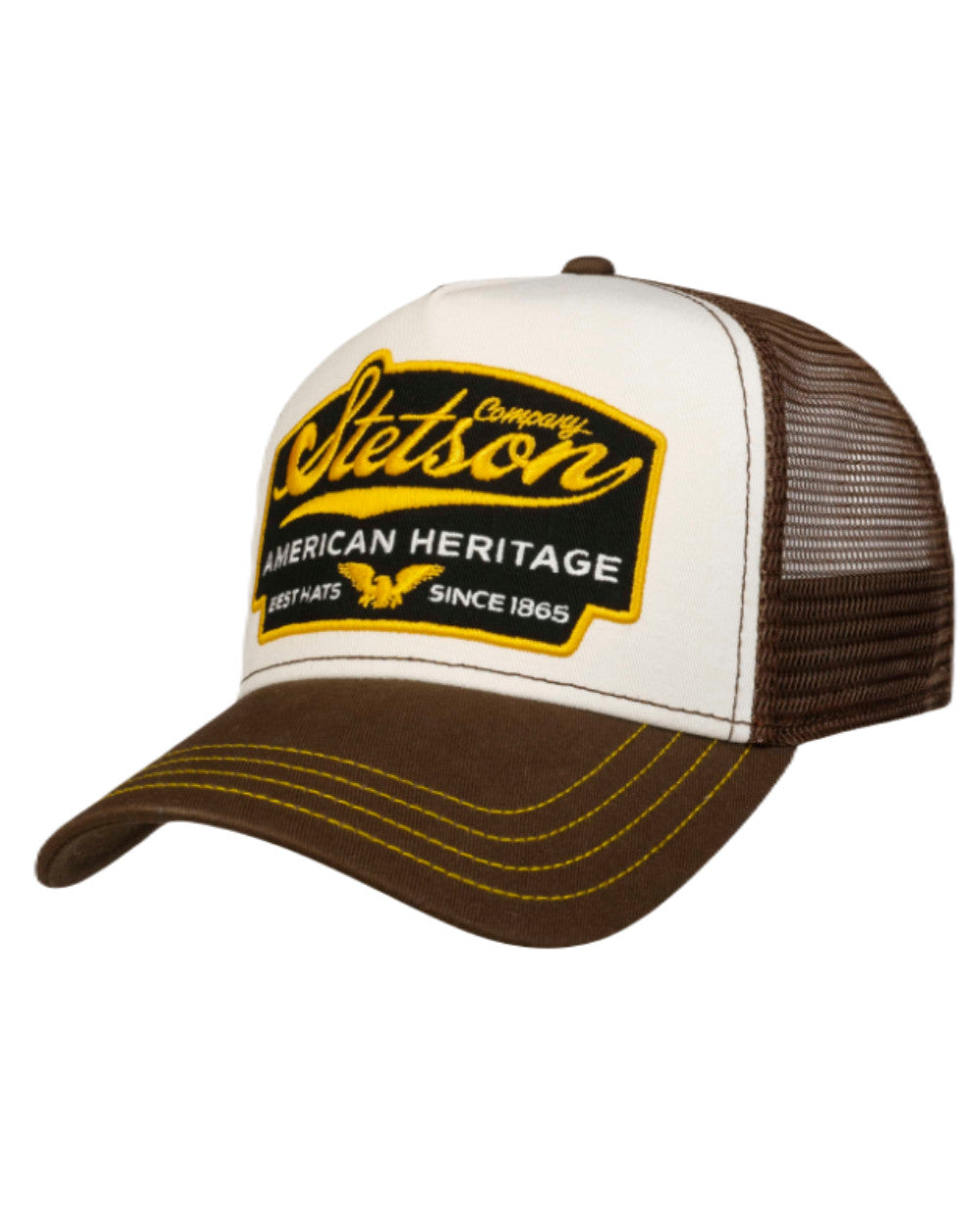 Brown/White coloured Stetson American Heritage Trucker Cap on White background 