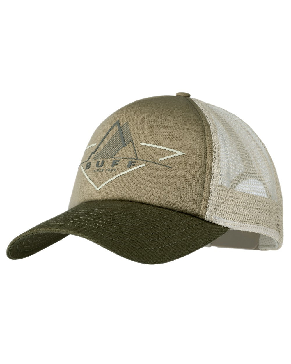 Khaki Coloured Buff Brak Trucker Cap on white background 