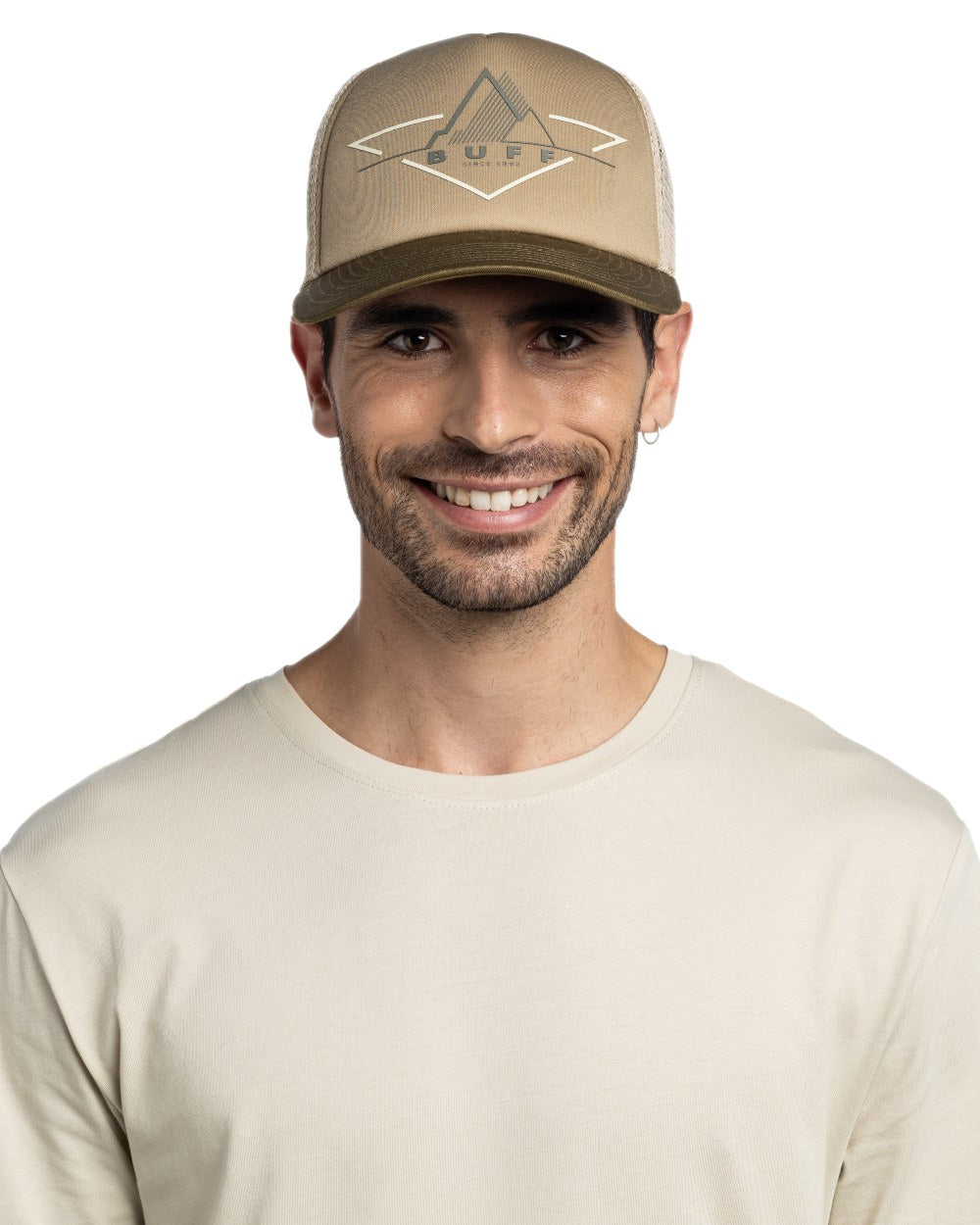 Khaki Coloured Buff Brak Trucker Cap on white background 