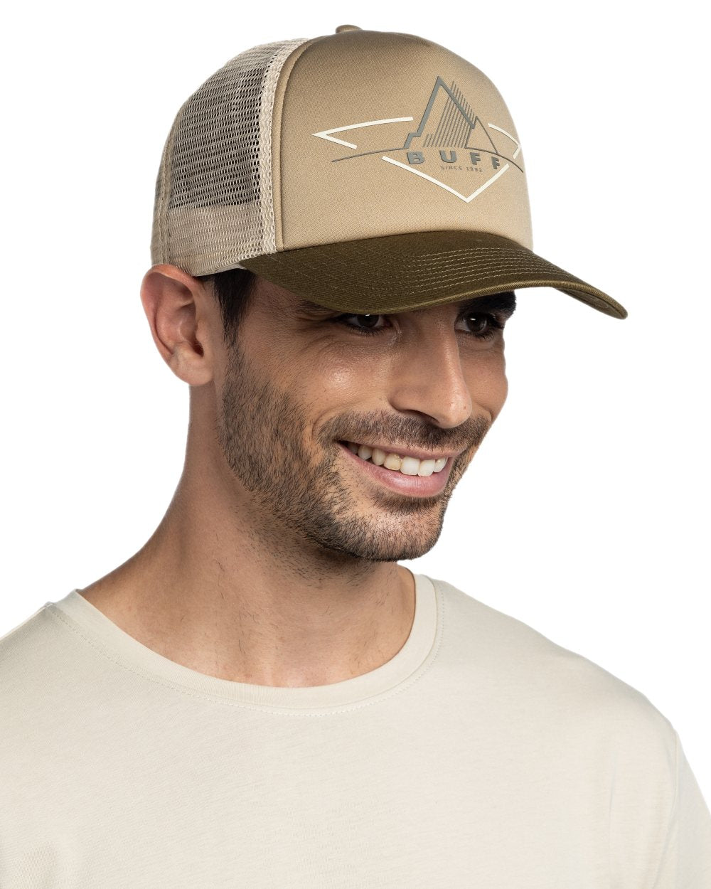 Khaki Coloured Buff Brak Trucker Cap on white background 