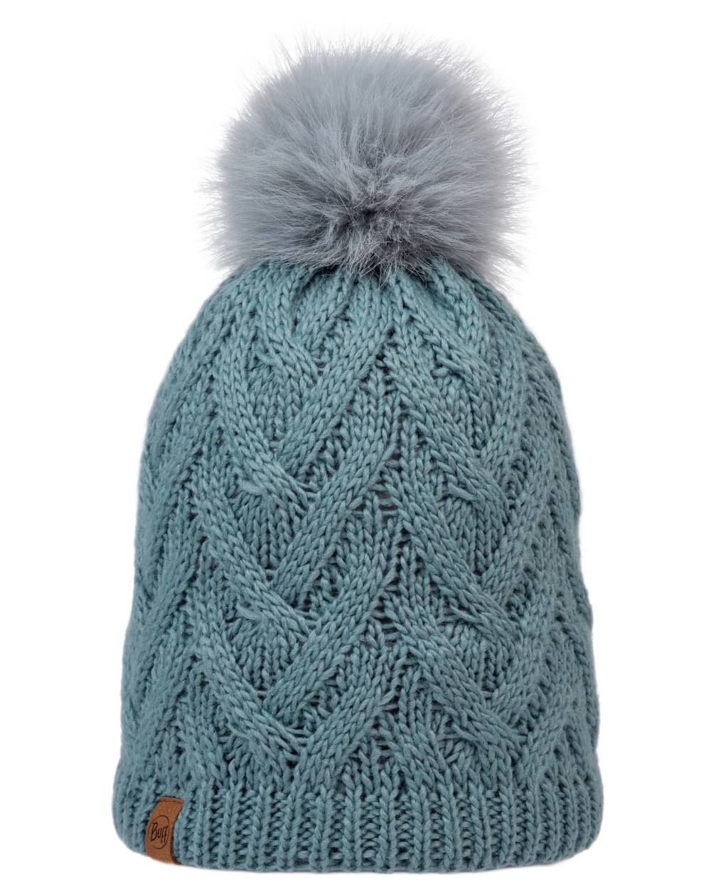 Blue Glass Coloured Buff Caryn Knitted And Fleece Band Beanie on white background 