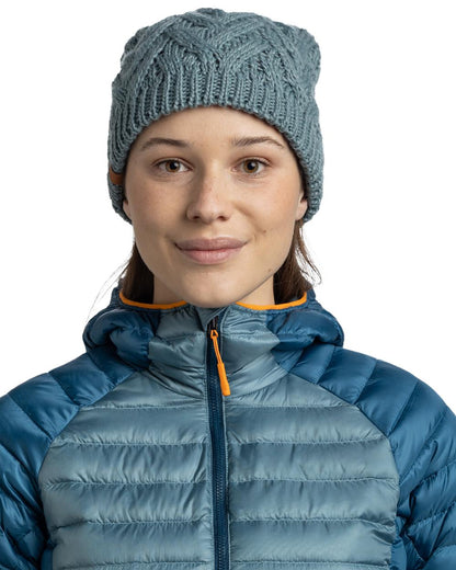 Blue Glass Coloured Buff Caryn Knitted And Fleece Band Beanie on white background 