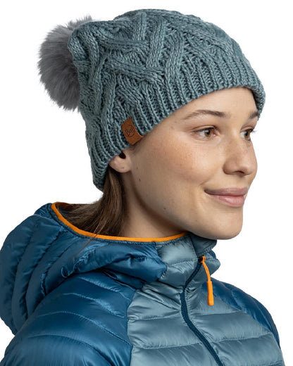 Blue Glass Coloured Buff Caryn Knitted And Fleece Band Beanie on white background 