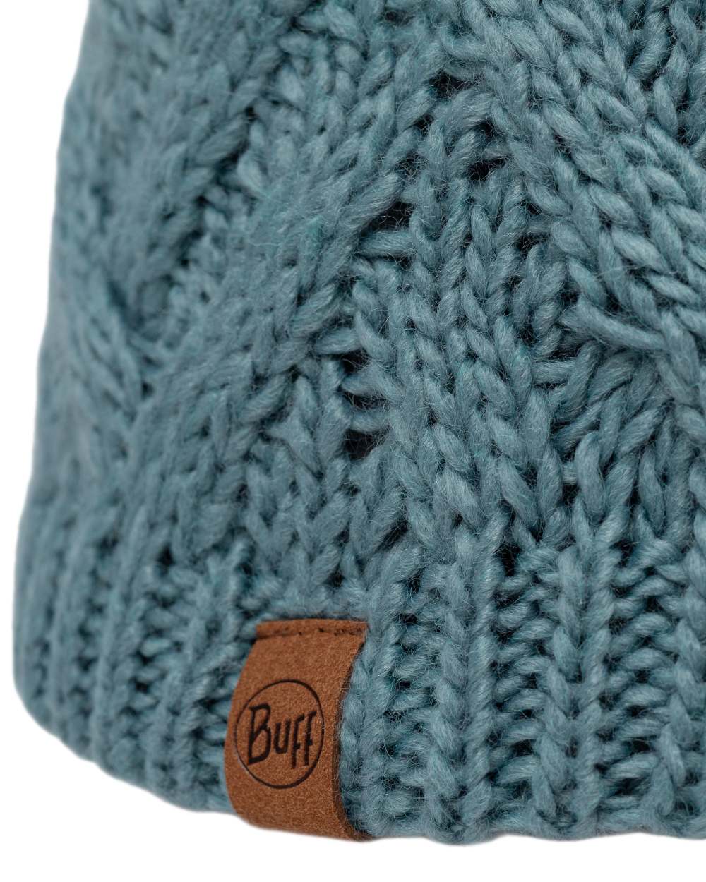 Blue Glass Coloured Buff Caryn Knitted And Fleece Band Beanie on white background 