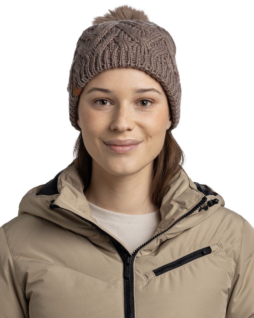Cobblestone Coloured Buff Caryn Knitted And Fleece Band Beanie on white background 