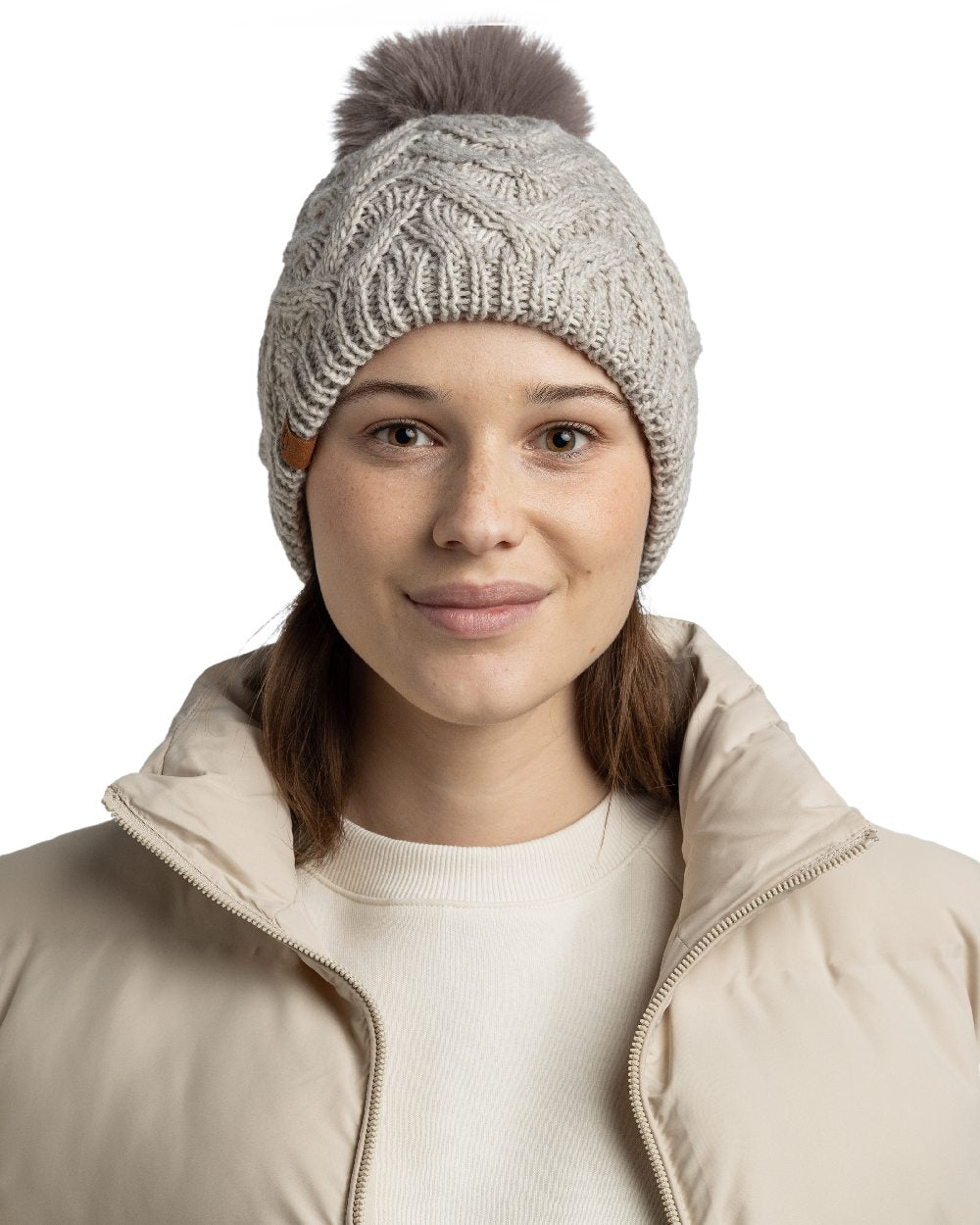 Ecru Coloured Buff Caryn Knitted And Fleece Band Beanie on white background 