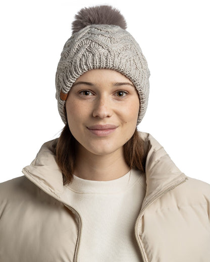 Ecru Coloured Buff Caryn Knitted And Fleece Band Beanie on white background 