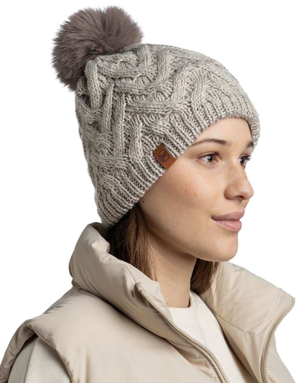 Ecru Coloured Buff Caryn Knitted And Fleece Band Beanie on white background 