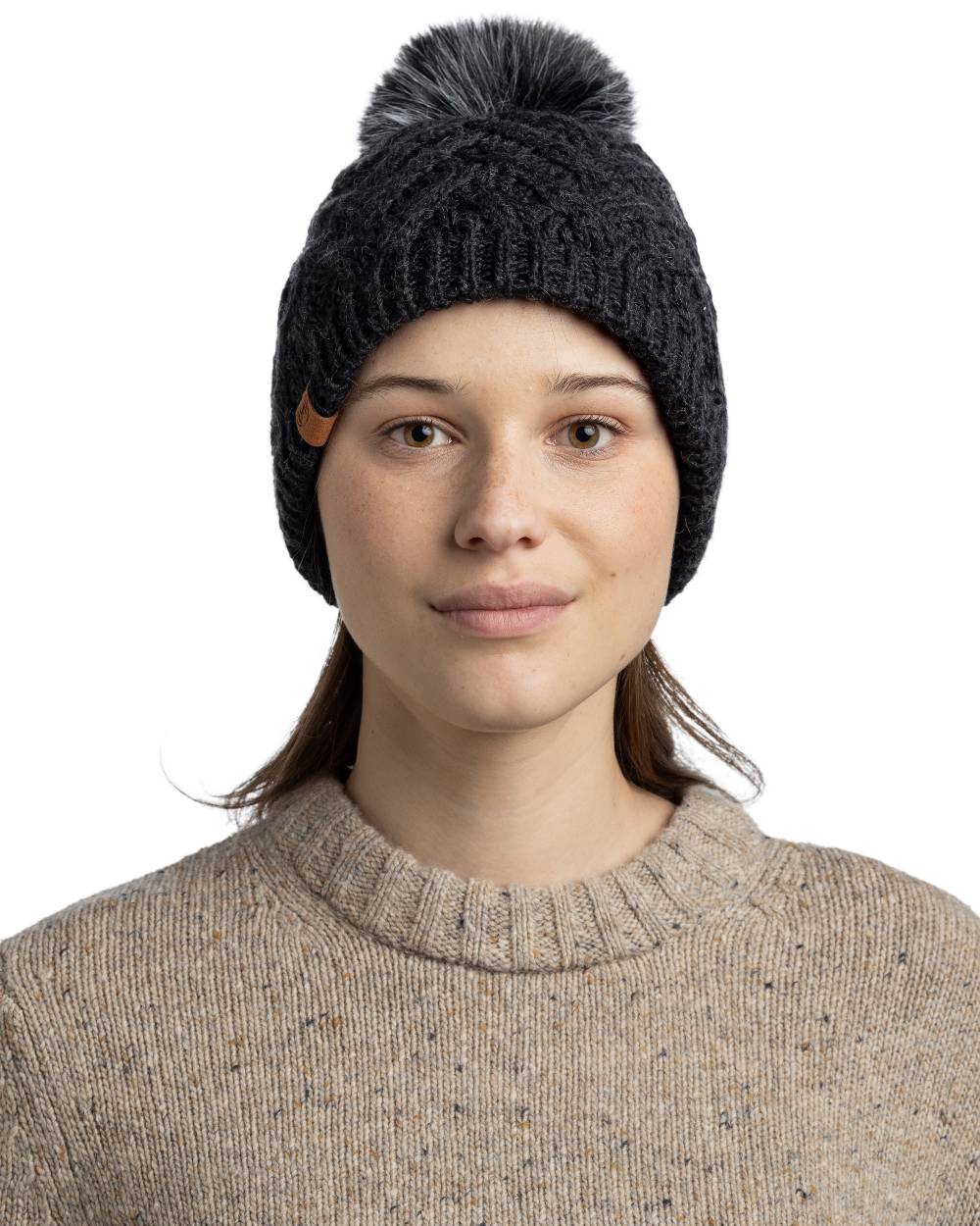 Graphite Coloured Buff Caryn Knitted And Fleece Band Beanie on white background 