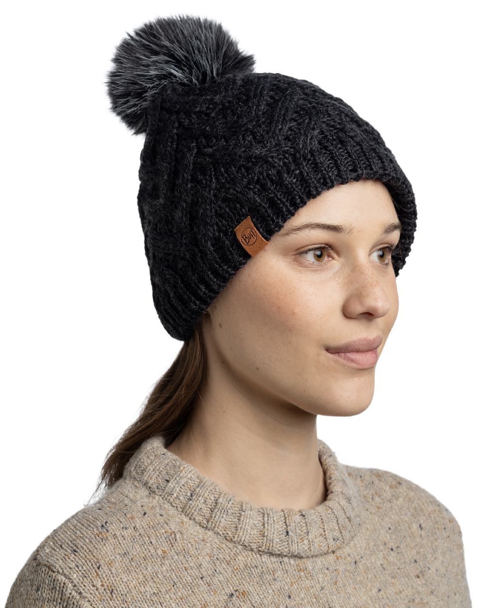 Graphite Coloured Buff Caryn Knitted And Fleece Band Beanie on white background 