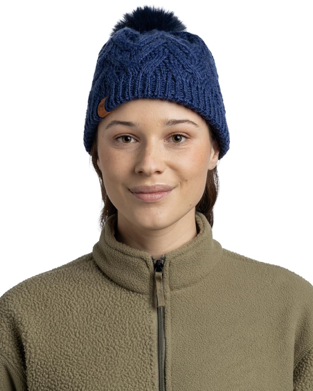 Midnight Coloured Buff Caryn Knitted And Fleece Band Beanie on white background 