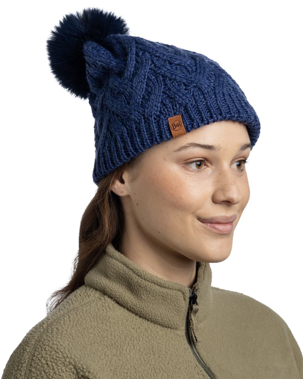 Midnight Coloured Buff Caryn Knitted And Fleece Band Beanie on white background 