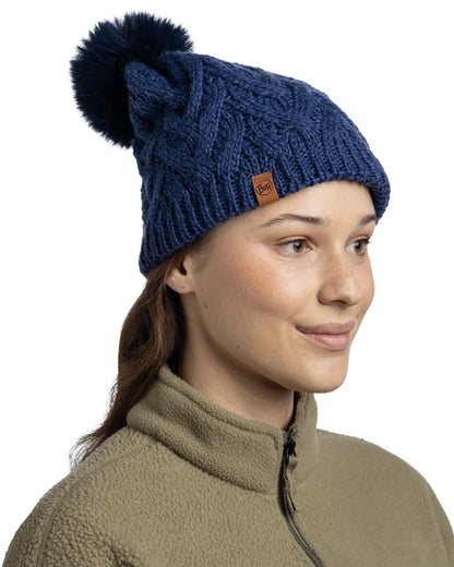 Midnight Coloured Buff Caryn Knitted And Fleece Band Beanie on white background 