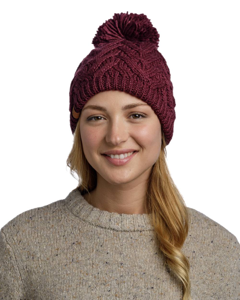 Dahlia Coloured Buff Caryn Knitted Fleece Beanie on white background 