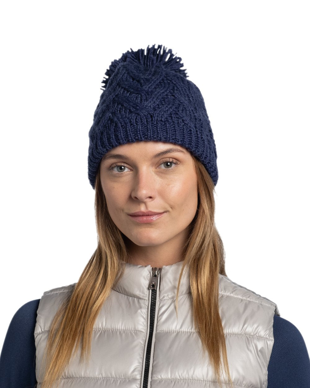Midnight Coloured Buff Caryn Knitted Fleece Beanie on white background 