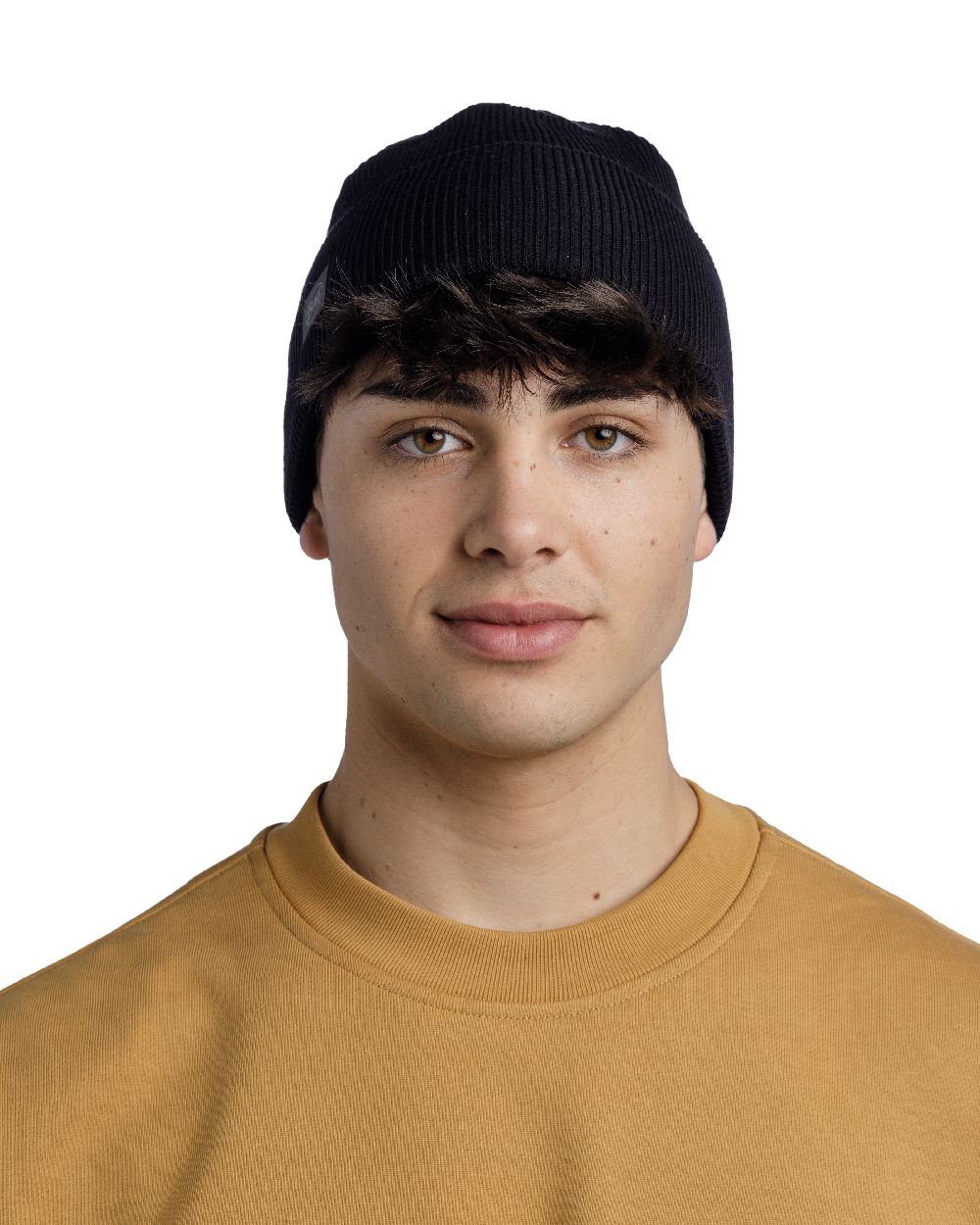 Black Coloured Buff CrossKnit Beanie on white background 