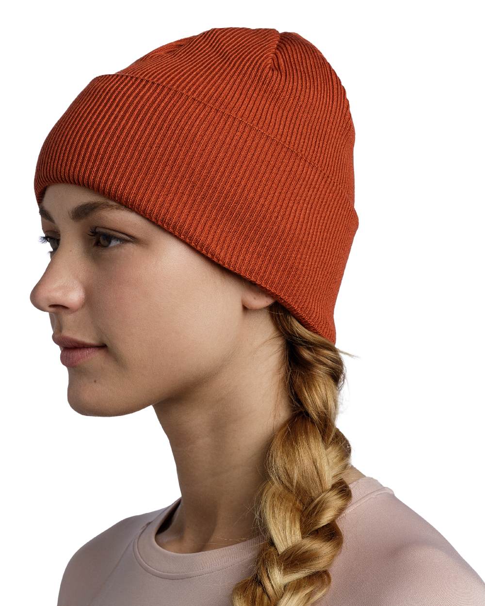Cinnamon Coloured Buff CrossKnit Beanie on white background 
