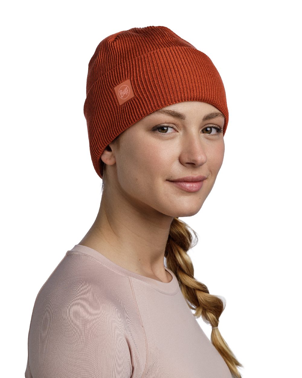Cinnamon Coloured Buff CrossKnit Beanie on white background 