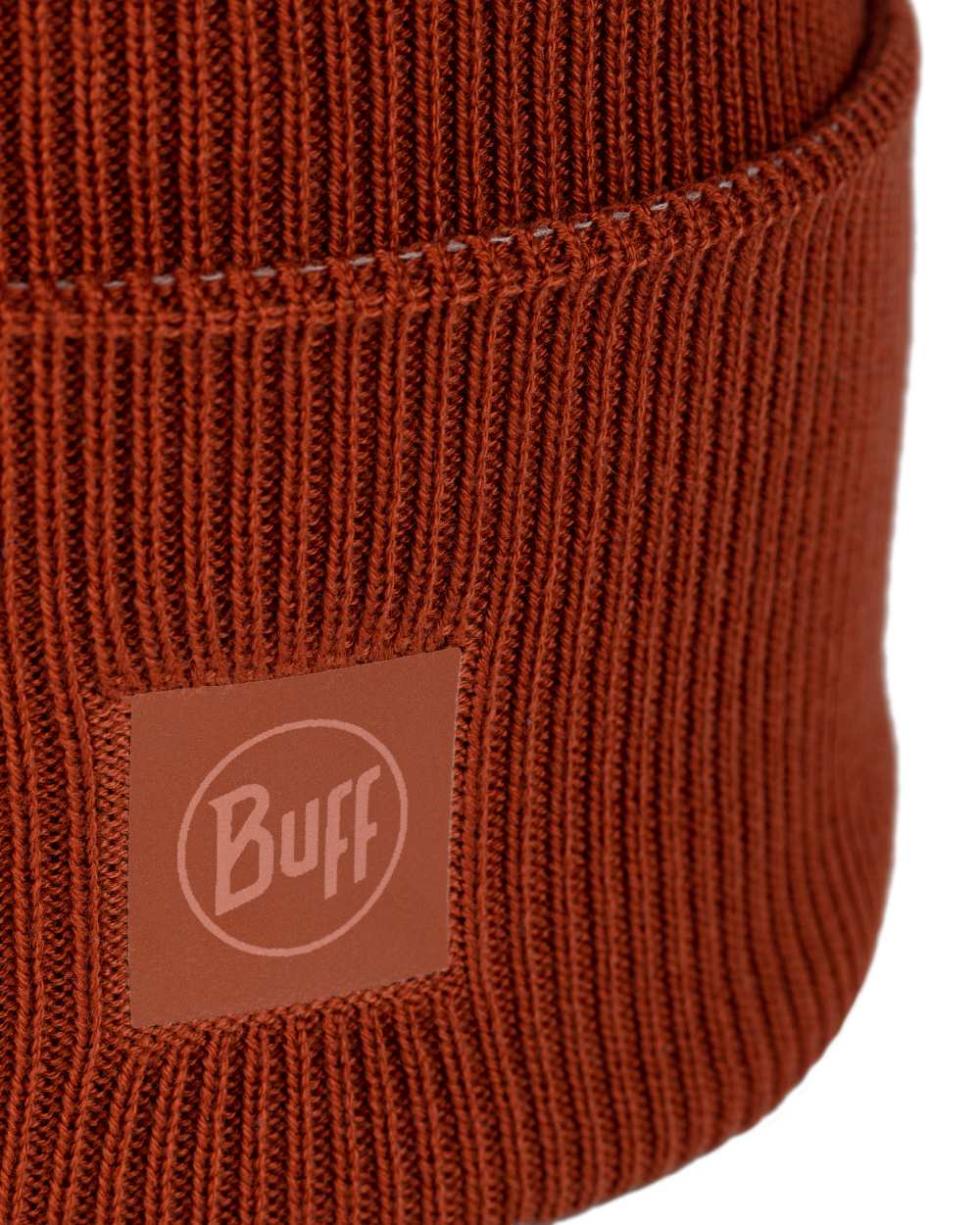 Cinnamon Coloured Buff CrossKnit Beanie on white background 