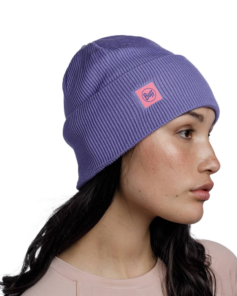 Iris Coloured Buff CrossKnit Beanie on white background 