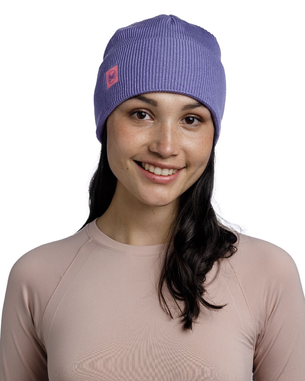 Iris Coloured Buff CrossKnit Beanie on white background 