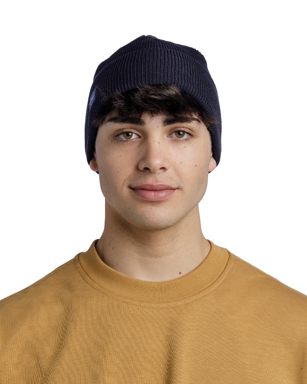 Night Blue Coloured Buff CrossKnit Beanie on white background 