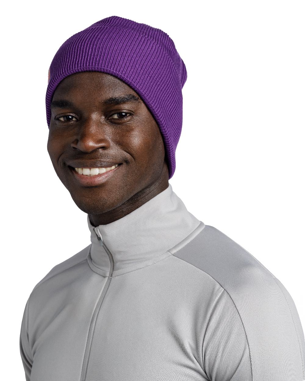 Purple Coloured Buff CrossKnit Beanie on white background 