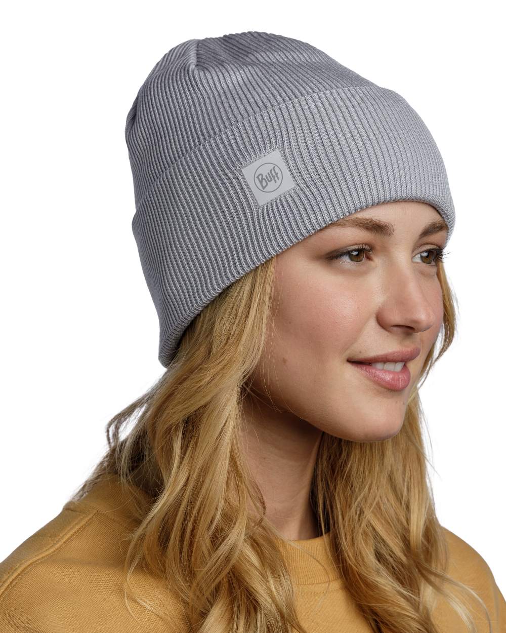 Solid Light Grey Coloured Buff CrossKnit Beanie on white background 