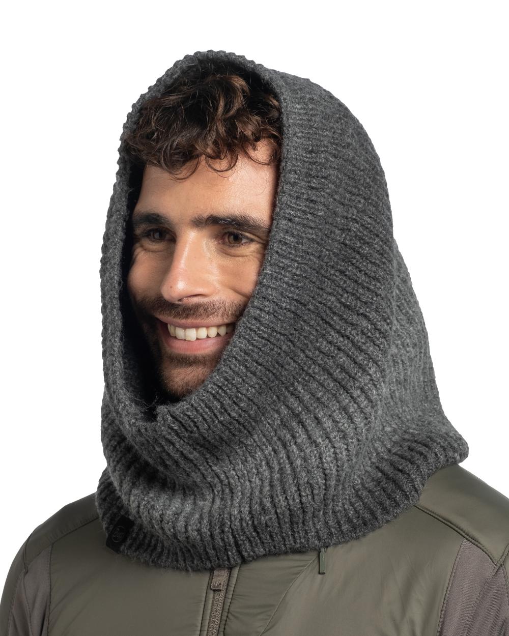 Graphite coloured Buff Datma Knitted Neckwarmer on white background 