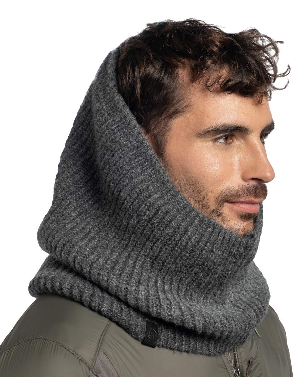 Graphite coloured Buff Datma Knitted Neckwarmer on white background 