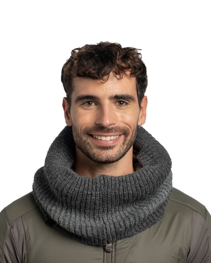 Graphite coloured Buff Datma Knitted Neckwarmer on white background 