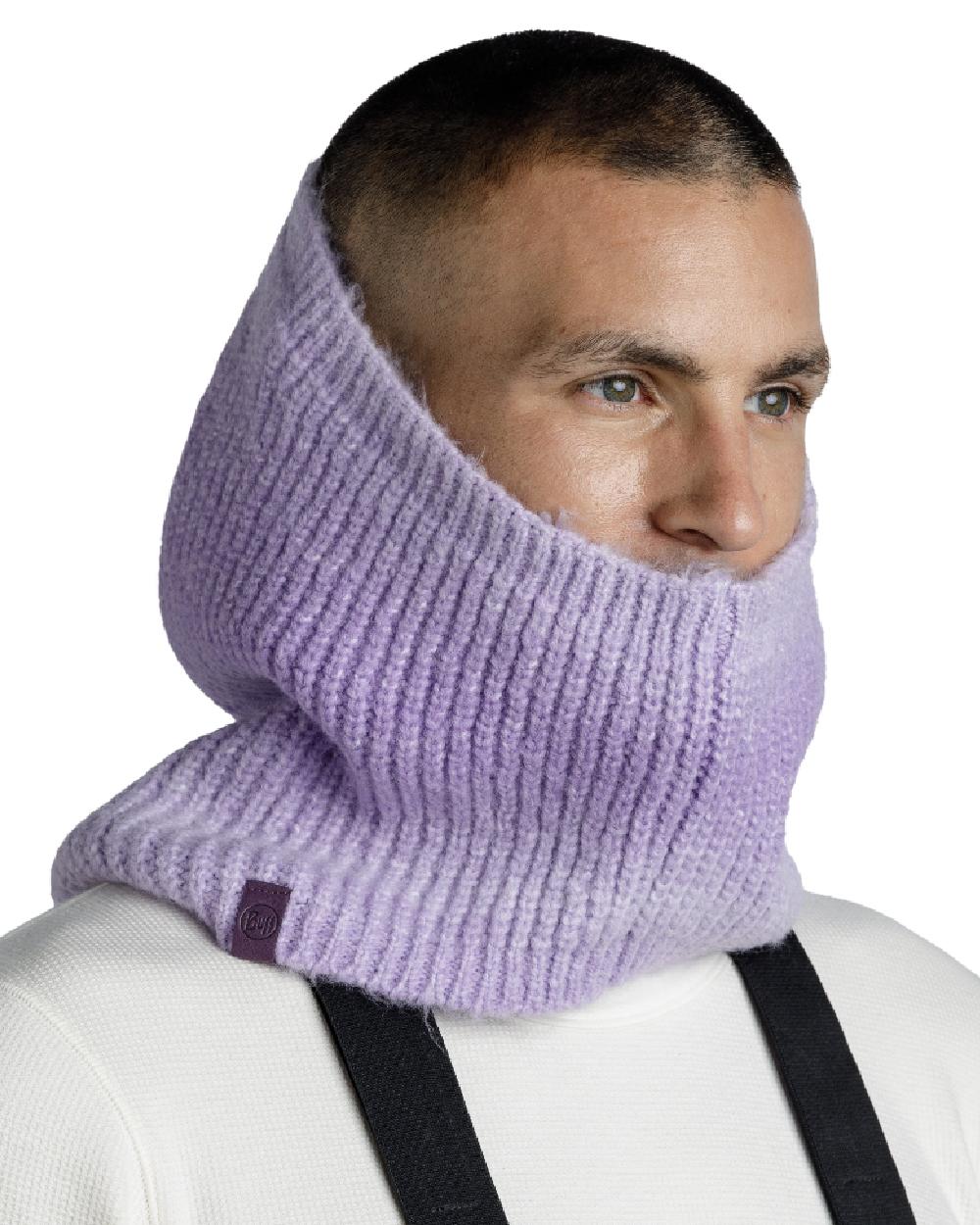 Lavender coloured Buff Datma Knitted Neckwarmer on white background 