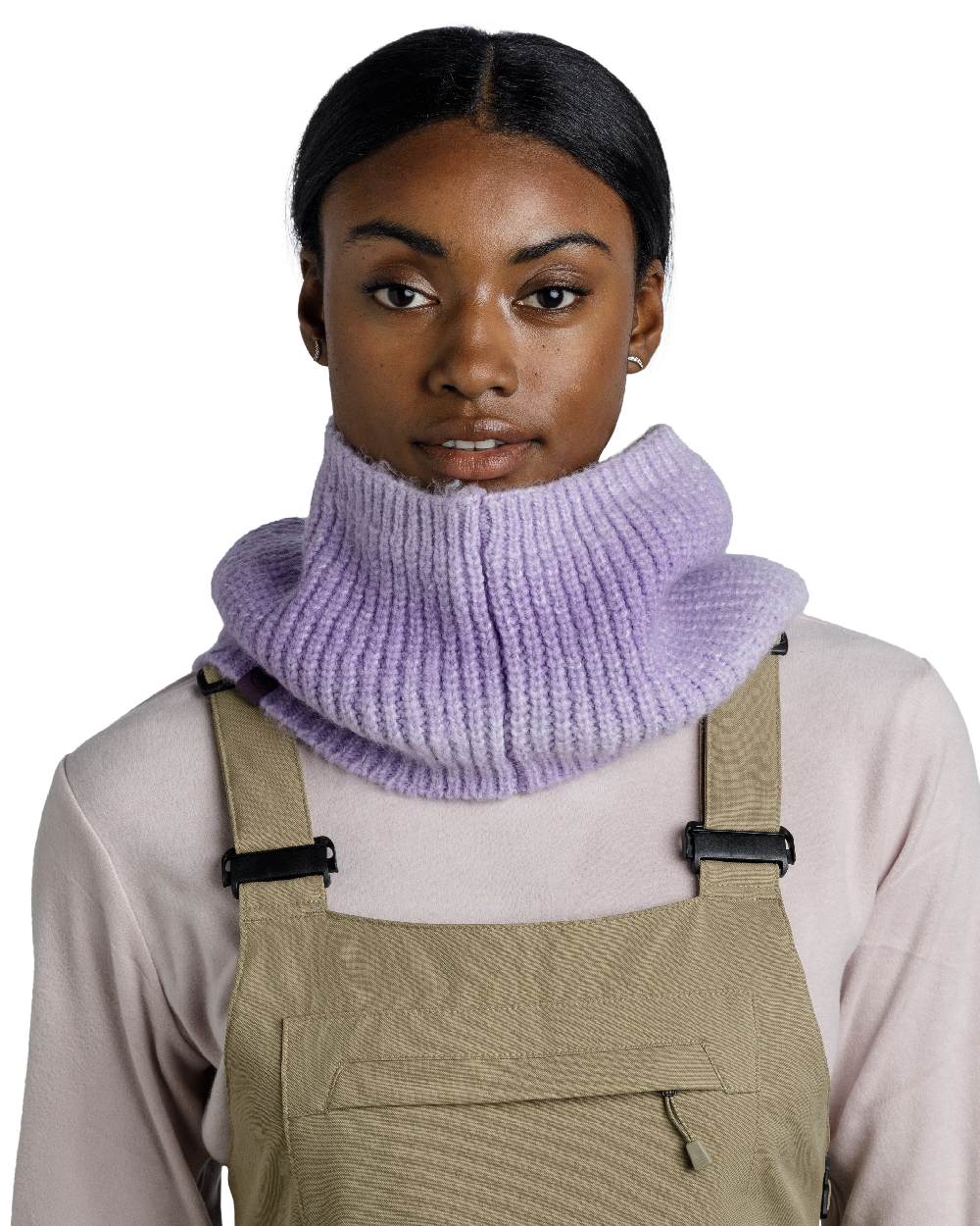 Lavender coloured Buff Datma Knitted Neckwarmer on white background 