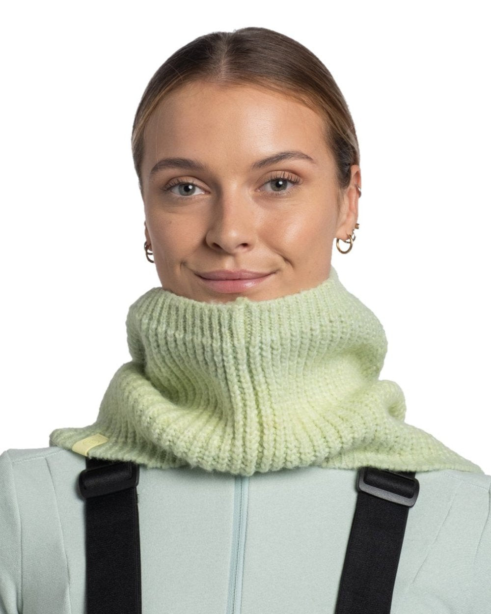 Opaline coloured Buff Datma Knitted Neckwarmer on white background 