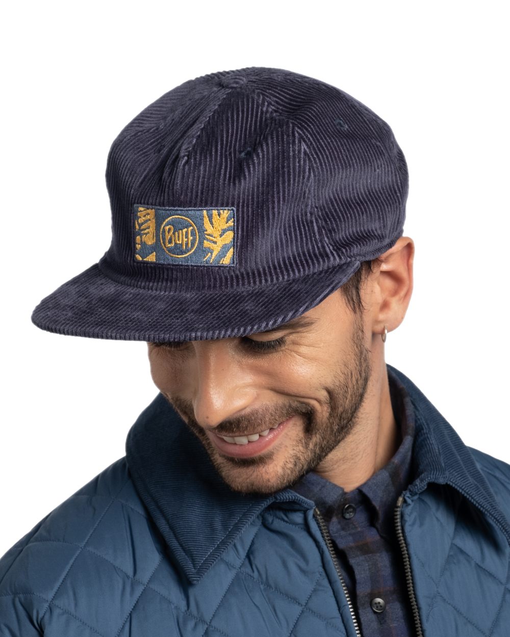 Navy Coloured Buff Dister Chill Trucker Cap on white background 