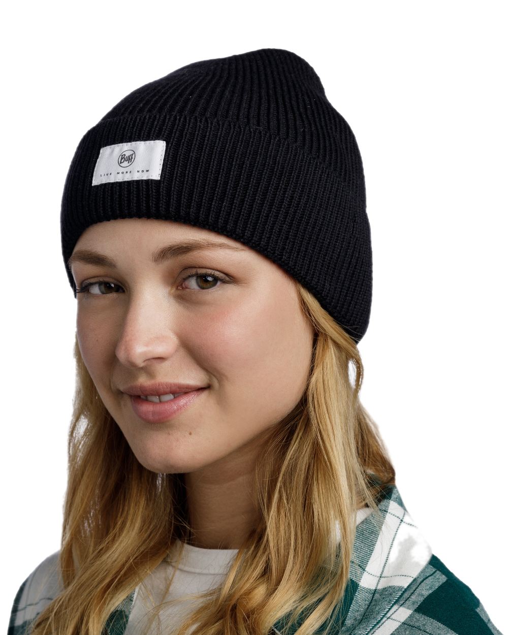 Black Coloured Buff Drisk Knitted Beanie on white background 