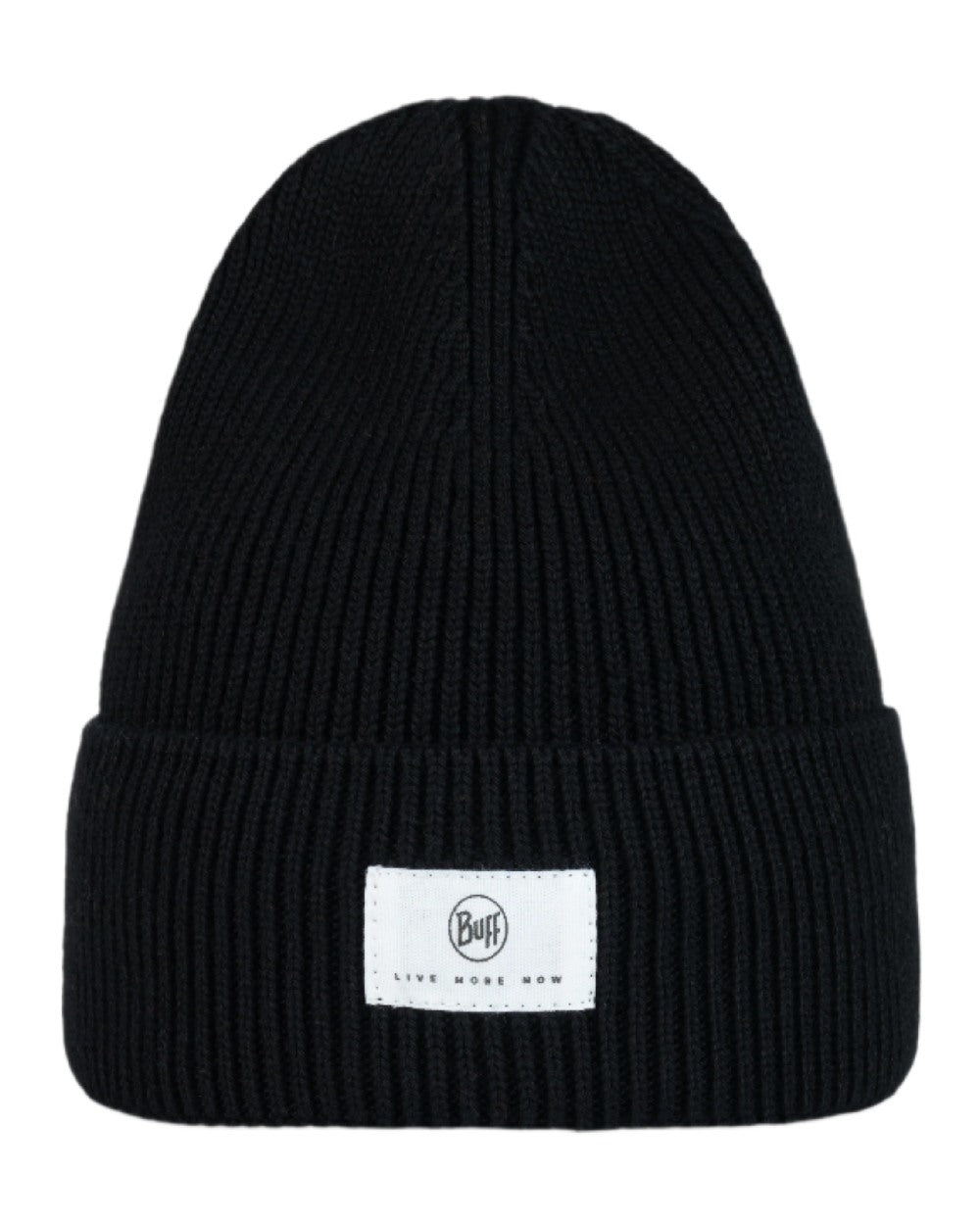 Black Coloured Buff Drisk Knitted Beanie on white background 