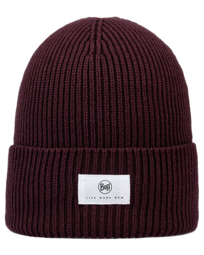Burgundy Coloured Buff Drisk Knitted Beanie on white background 